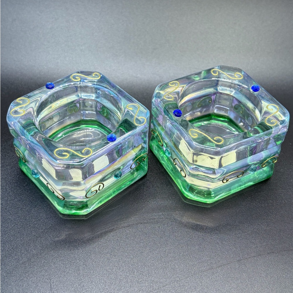 PartyLite Mardi Gras Glass Candle Holders with Gold Accents